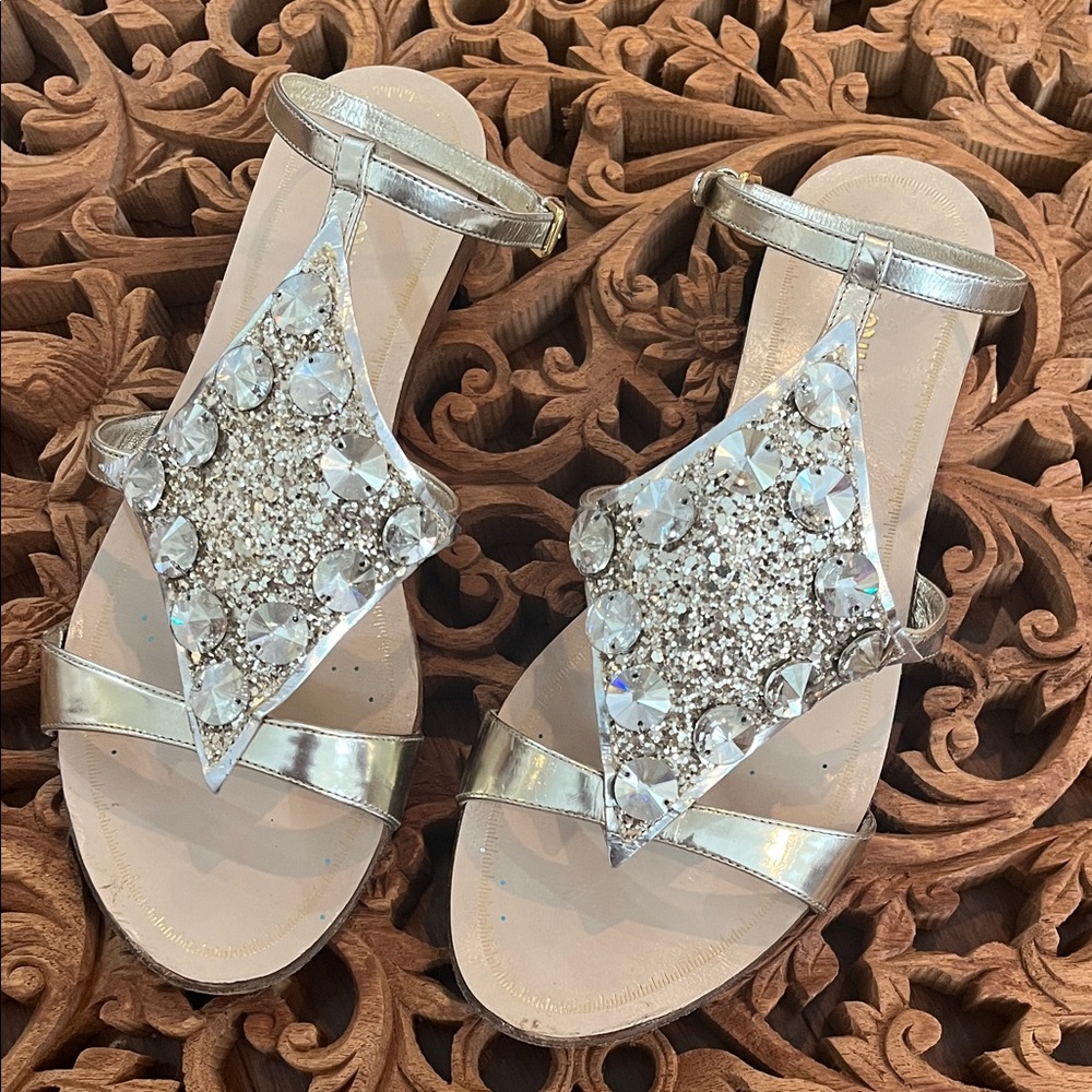 Miu Miu Gold Glitter Crystal Trim Ankle Strap Gladiator Flat Sandal SZ: 38 / 7.5